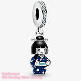 925 Silver Beads Monogram Double Heart Hamsa Hand Japanese Doll Dangle Charm