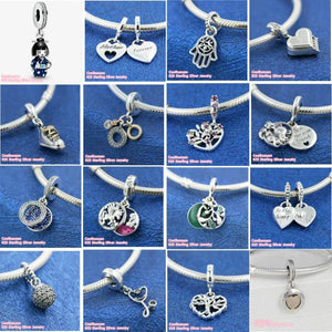 925 Silver Beads Monogram Double Heart Hamsa Hand Japanese Doll Dangle Charm