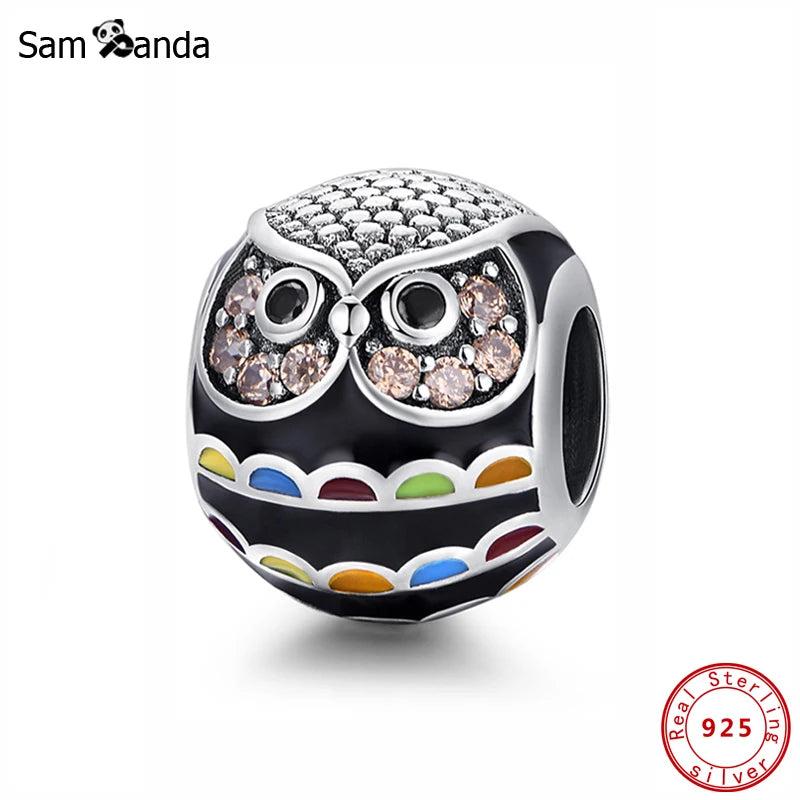 925 Silver Bead Charm Wisdom Owl Crystals Bracelet Jewelry