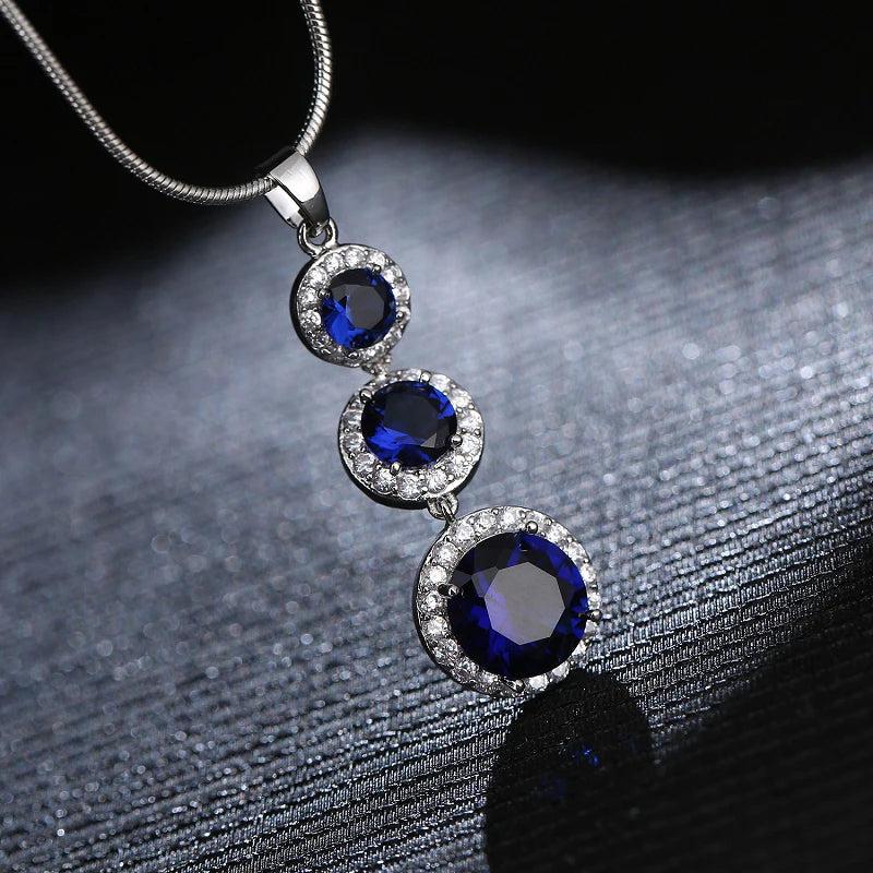 Silver Necklace Round Shape Sapphire Zircon Pendant for Women Wedding