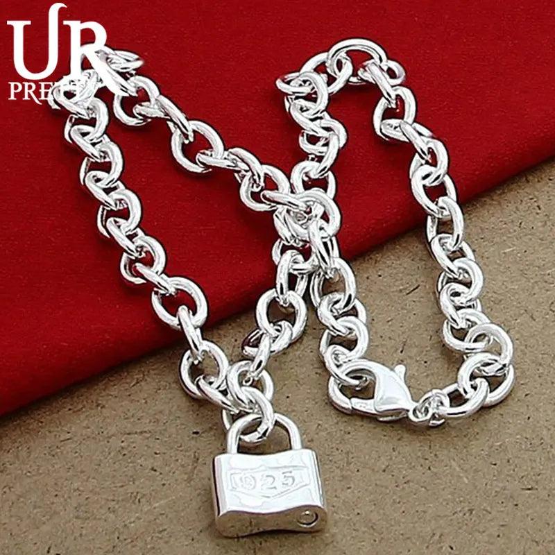 925 Sterling Square Lock Necklace 18 Inch Chain for Women