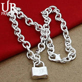 925 Sterling Square Lock Necklace 18 Inch Chain for Women