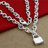925 Sterling Square Lock Necklace 18 Inch Chain for Women