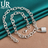 925 Sterling Square Lock Necklace 18 Inch Chain for Women