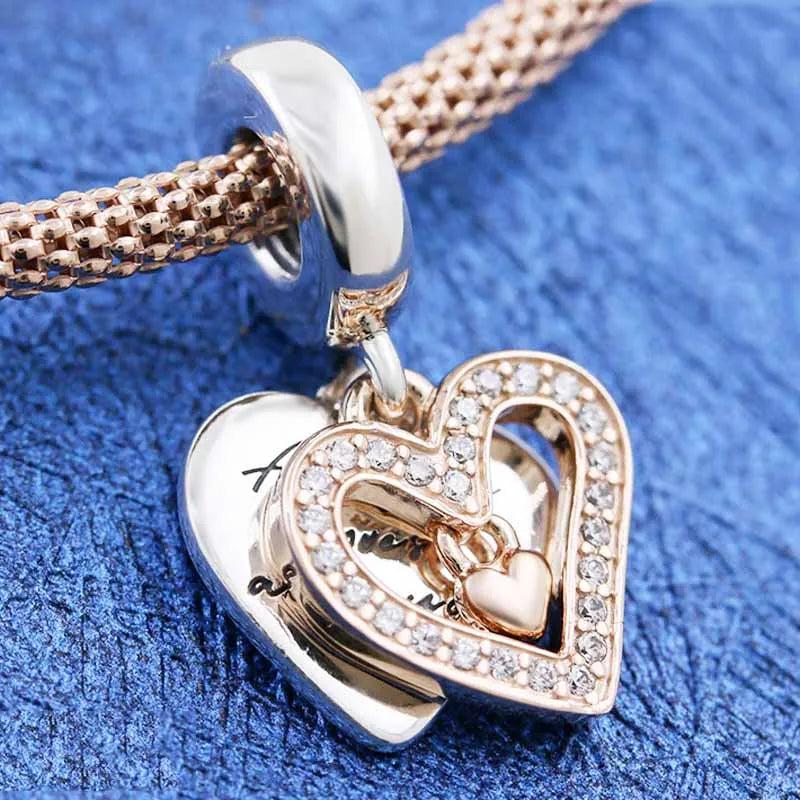 Rose Sparkling Heart Crystal Pendant Bead 925 Sterling Silver Charm