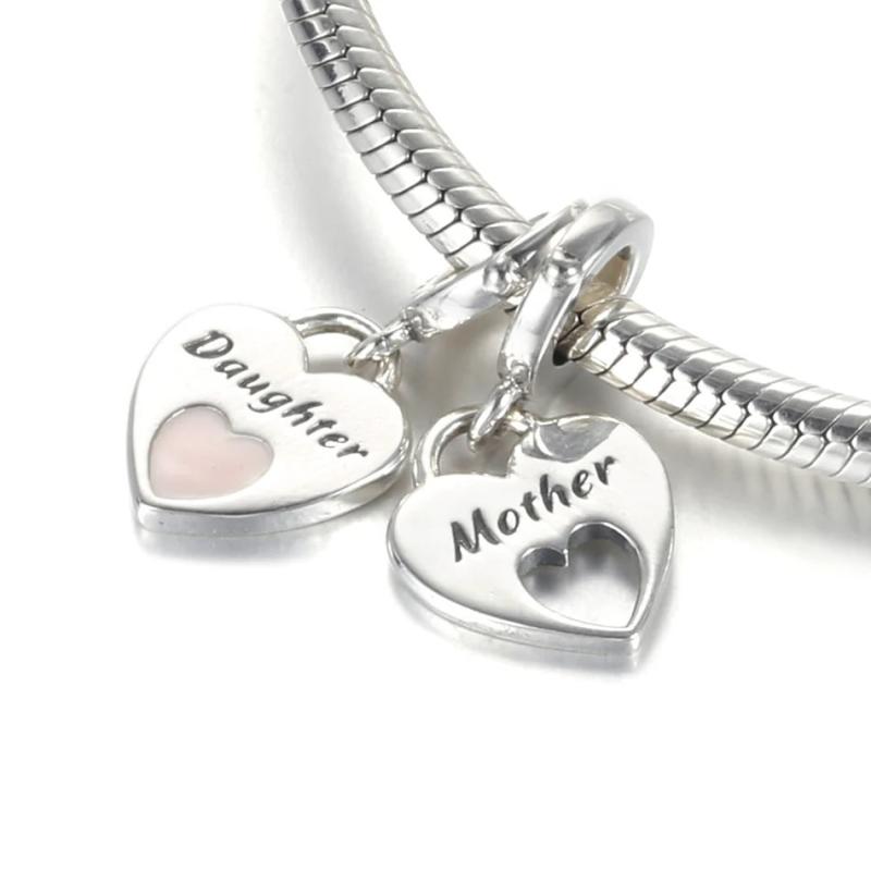 S925 Silver Mother Daughter Dangle Charm Pink Heart