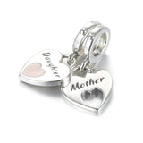 S925 Silver Mother Daughter Dangle Charm Pink Heart