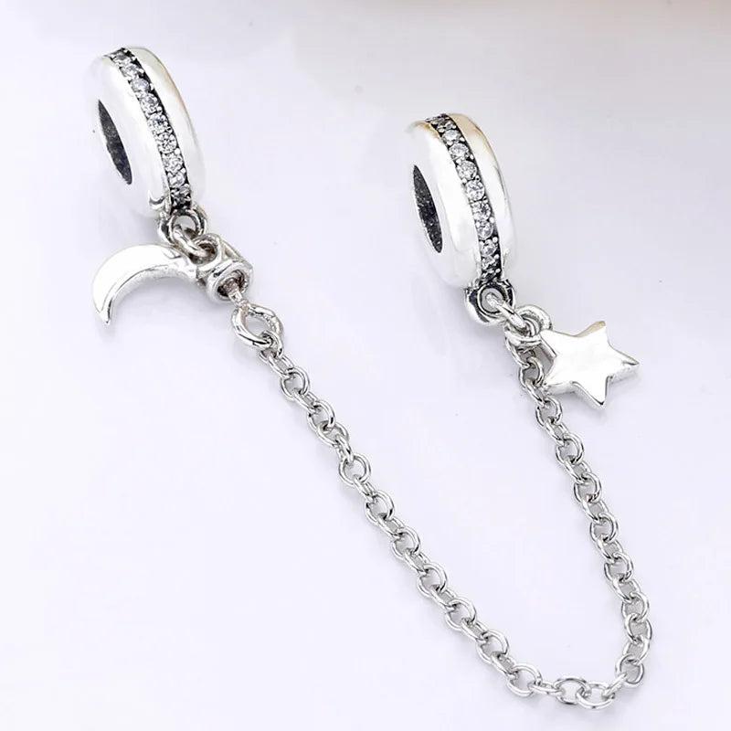 Moon & Star Crystal Safety Chain Beads 925 Sterling Silver Charm Bracelet