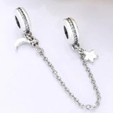 Moon & Star Crystal Safety Chain Beads 925 Sterling Silver Charm Bracelet