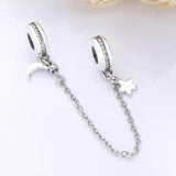 Moon & Star Crystal Safety Chain Beads 925 Sterling Silver Charm Bracelet