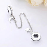 Moon & Star Crystal Safety Chain Beads 925 Sterling Silver Charm Bracelet