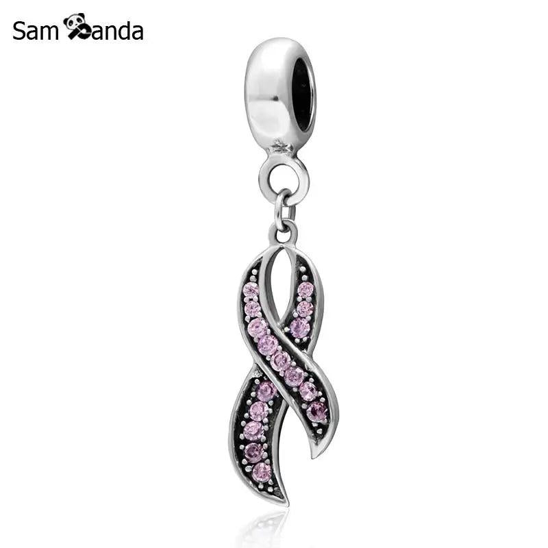 925 Silver Pink Ribbon Crystal Pendant Charms Breast Cancer Awareness