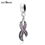 925 Silver Pink Ribbon Crystal Pendant Charms Breast Cancer Awareness