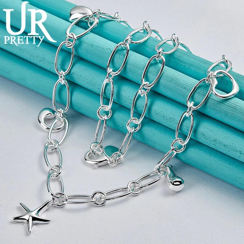 925 Sterling Silver Water Drops Stars Heart Bean Necklace 18 Inch Chain