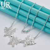 925 Silver Three Butterflies Chain Necklace 18 Inches Woman Charm Jewelry