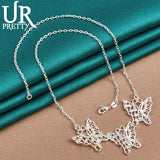 925 Silver Three Butterflies Chain Necklace 18 Inches Woman Charm Jewelry