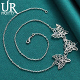 925 Silver Three Butterflies Chain Necklace 18 Inches Woman Charm Jewelry