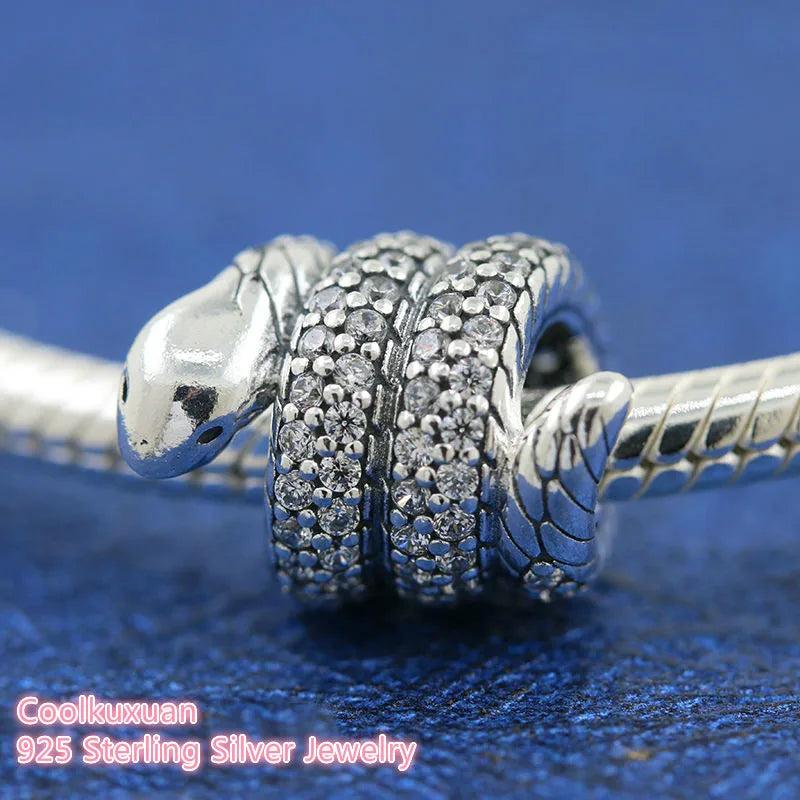 925 Sterling Silver Sparkling Wrapped Snake Charm Bead for Bracelets