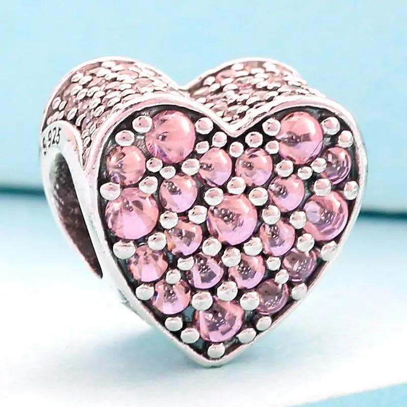 Pink Heart CZ Beads 925 Silver Charm Bracelet Bangle DIY Jewelry