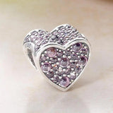Pink Heart CZ Beads 925 Silver Charm Bracelet Bangle DIY Jewelry