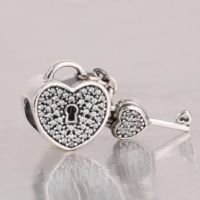 925 Silver Lock & Key Heart Dangle Charms Pave CZ for Style Bracelets