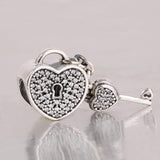 925 Silver Lock & Key Heart Dangle Charms Pave CZ for Style Bracelets