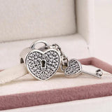 925 Silver Lock & Key Heart Dangle Charms Pave CZ for Style Bracelets