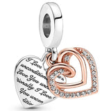 Rose Entwined Hearts Crystal Pendant Bead 925 Sterling Silver Bracelet Charm DIY