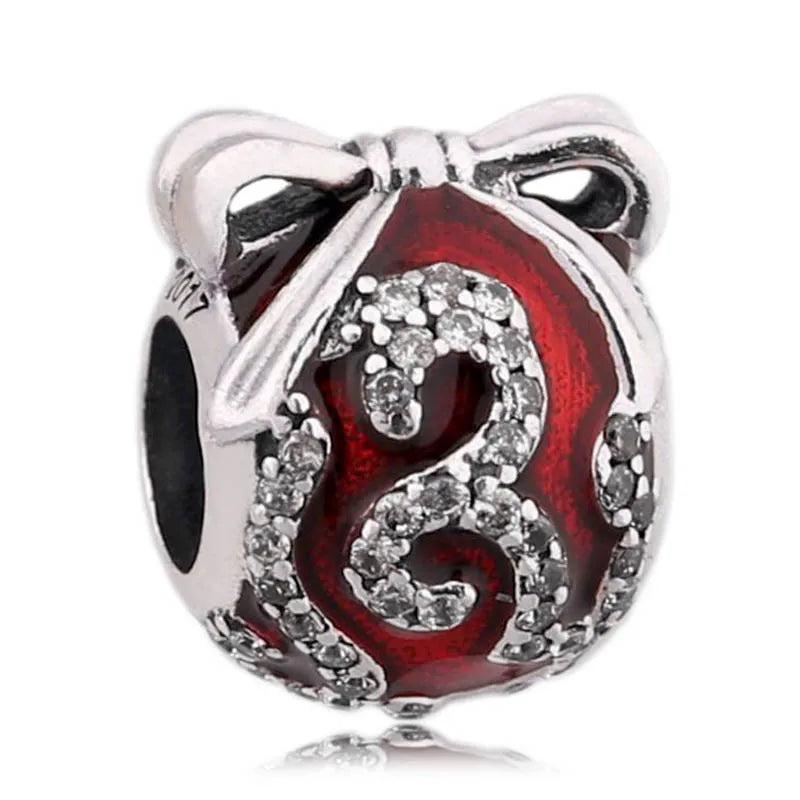 925 Silver Bead Charm Red Enamel Crystal Ornament Fit Bracelet Bangle