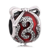 925 Silver Bead Charm Red Enamel Crystal Ornament Fit Bracelet Bangle