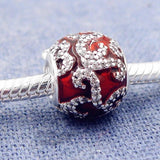 925 Silver Bead Charm Red Enamel Crystal Ornament Fit Bracelet Bangle