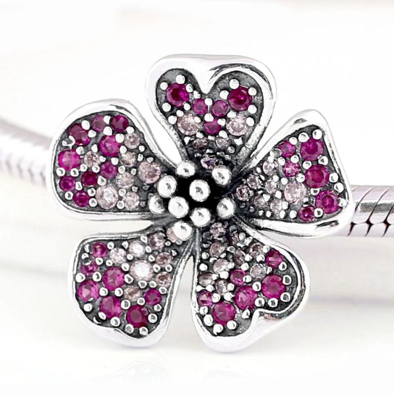 Peach Blossom Flower & Crystal Beads 925 Silver Charm Bracelet DIY Jewelry