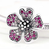 Peach Blossom Flower & Crystal Beads 925 Silver Charm Bracelet DIY Jewelry