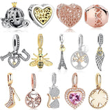 Rose Tree Feather Heart Charms Beads Fit Bracelet Women 925 Sterling Silver