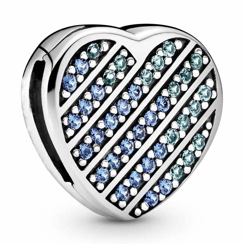 Pave Heart Crystal Clip Beads 925 Silver Charm Bracelet DIY Jewelry