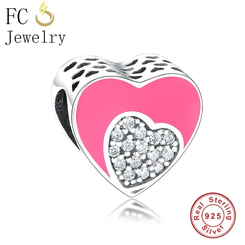 925 Silver Pink Enamel Heart Charm for Bracelets DIY