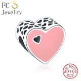 925 Silver Pink Enamel Heart Charm for Bracelets DIY