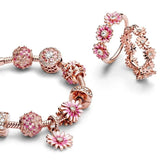 S925 Silver Daisy Pink Flower Charms for Bracelet