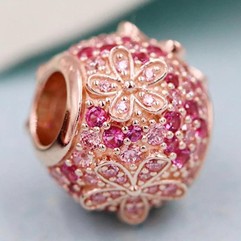 Rose Pink Daisy Flower & Crystal Beads 925 Silver Charm Bracelet DIY Jewelry