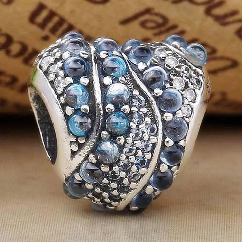 Water Aqua Heart Crystal Bead 925 Silver Charm Bracelet