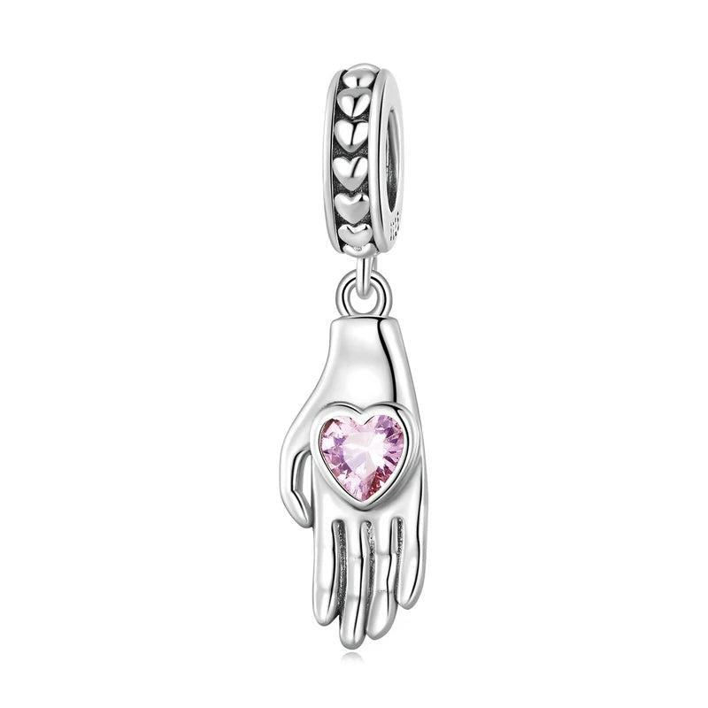 925 Silver Palm Love Heart Beads Charms Pink CZ Pendants