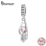925 Silver Palm Love Heart Beads Charms Pink CZ Pendants