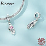 925 Silver Palm Love Heart Beads Charms Pink CZ Pendants