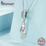 925 Silver Palm Love Heart Beads Charms Pink CZ Pendants