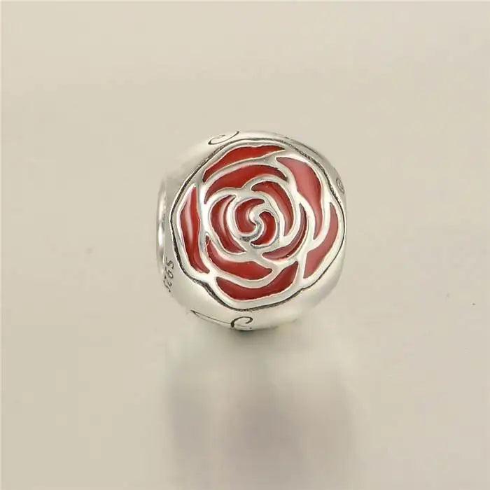 925 Silver Rose Flower Beads Red Enamel DIY Jewelry Making