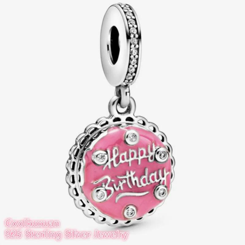 Mom's Silver Pink Birthday Cake Dangle Charm Bead for Bracelets