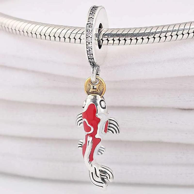 Red Enamel Fortune Carp Pendant Beads 925 Silver Charm Bracelet DIY Jewelry