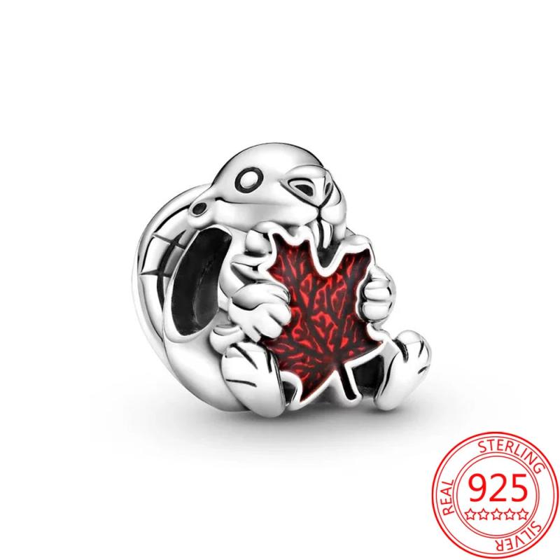 925 Silver Pink Maple Leaf Bunny Charm Fit Pan Bracelet Statement Jewelry