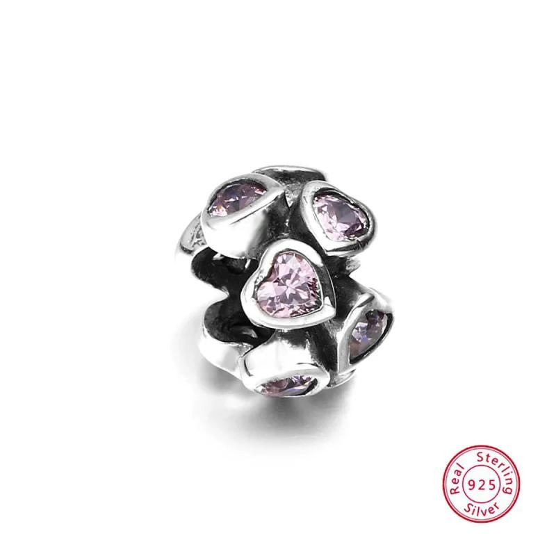 925 Silver Heart Pink Zircon Bead Charm for Jewelry Making