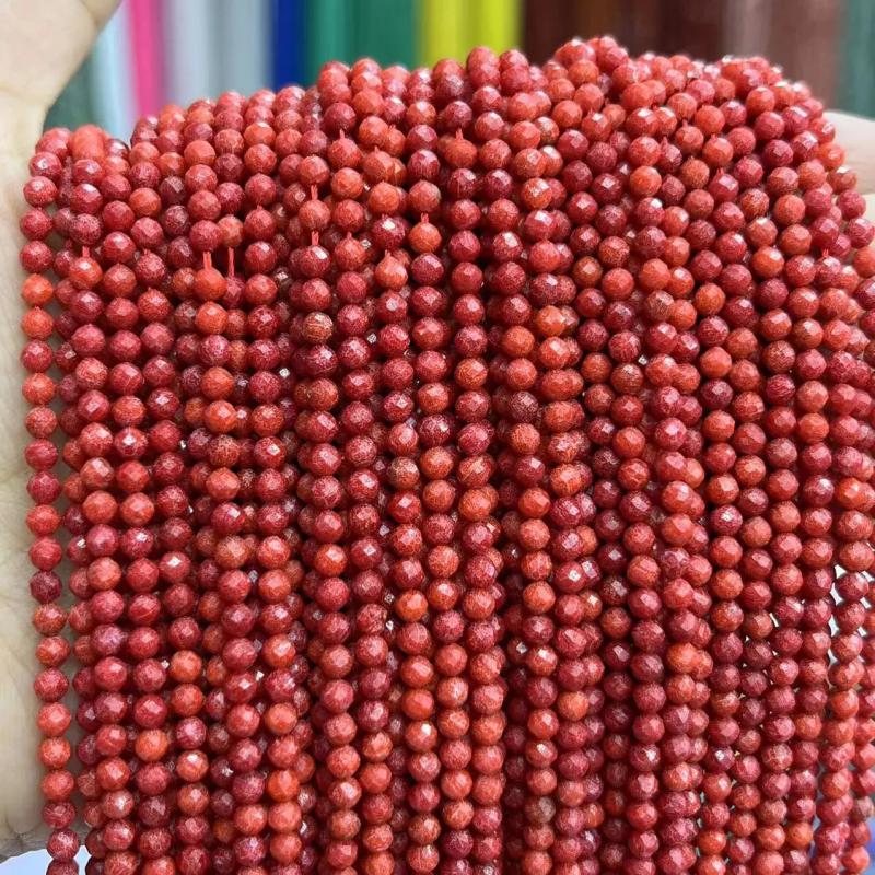 2-4mm Red Coral Faceted Round Beads 15 Inch